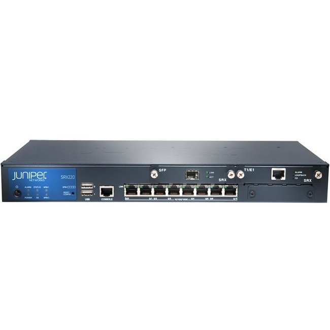 Juniper SRX services gateway 220 with 8 x GE ports, 2xmini-PIM slots, 2GB DRAM and 2GB CF. External power supply and cord included. (SRX220H2)